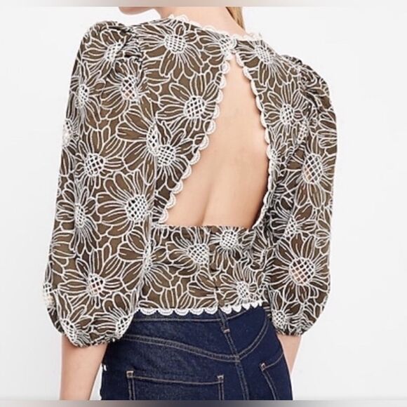 Express olive green embroidered eyelet open back bubble sleeve blouse sz Large - Picture 5 of 10